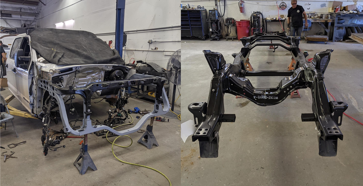 Collision repair process showing a vehicle with front-end structural damage next to a newly replaced chassis frame at LBJ Collision in Longwood, Florida.