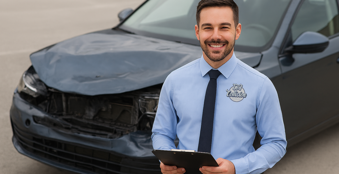 Insurance adjuster inspecting a damaged vehicle after a collision in Longwood, Florida