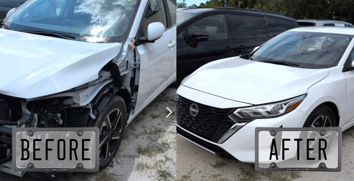 A before and after comparison of a white Nissan Sentra following front-end collision repair. The left side shows the car with a missing bumper, crushed hood, and exposed engine components; the right side shows the car fully restored to factory condition.
