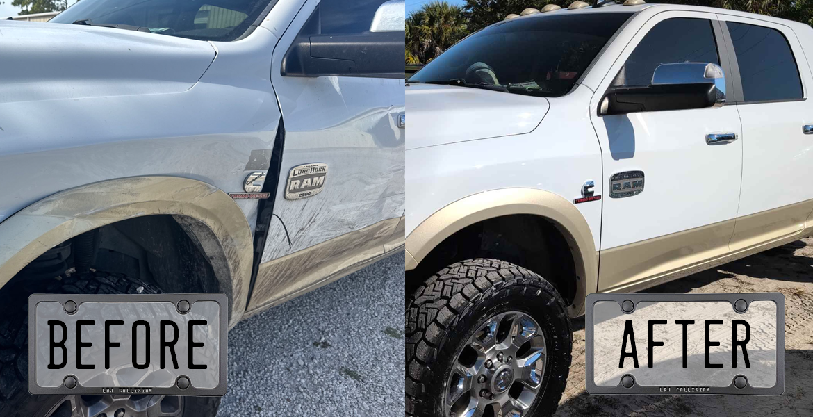 Before and after auto body repair of a white Ram pickup truck showing damaged front fender and door repaired and restored at LBJ Collision in Longwood, Florida.