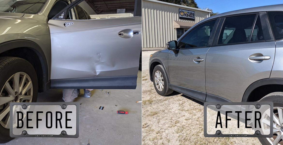 A side-by-side comparison of a silver SUV. The left side shows a large vertical dent on the front driver-side door. The right side shows the same vehicle after repair, with a perfectly smooth door surface.